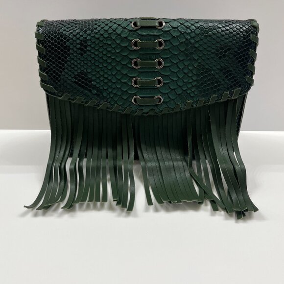 Animal Print Embossed W/ Fringe /Tassel Crossbody Bag - Boho Style - Green - NWT - Picture 3 of 11